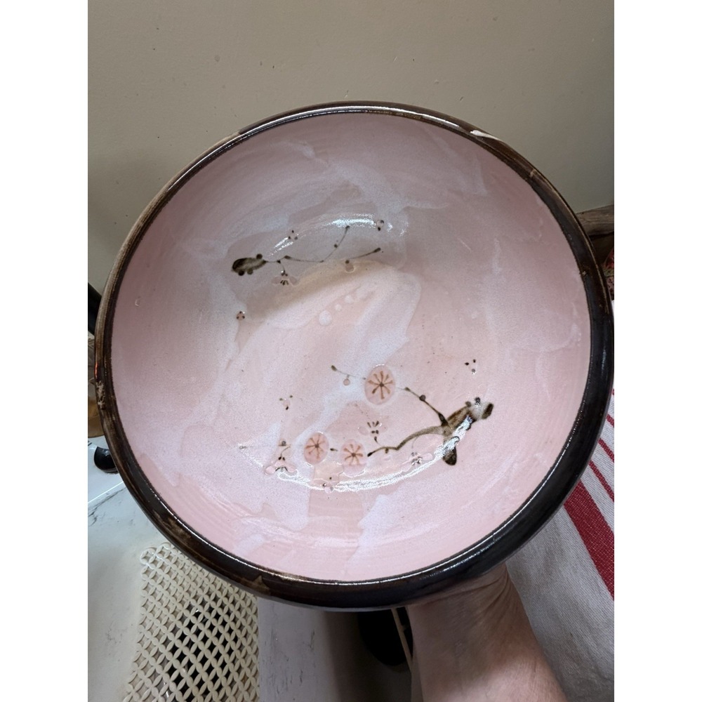 Vintage Japanese Ceramic Bowl - Pink Cherry Blossom Pottery - Signed 9"
